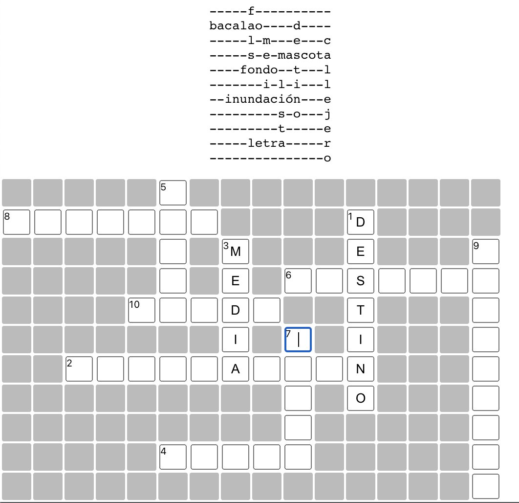 Showcasing a crossword puzzle layout with gray blank items, and solution on the top 2 words are filled in: Media and Destino. The cursor is at the 7th word