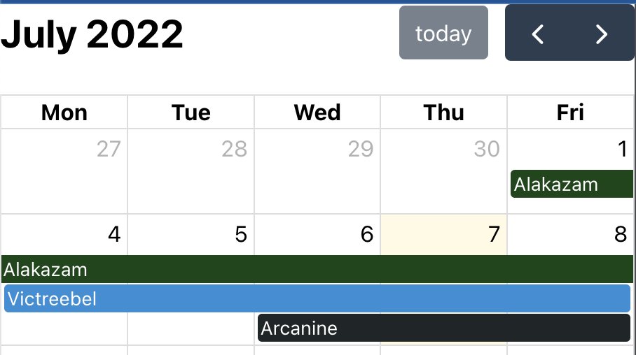 image of an embedded fullcalendar.io with random multiday events that have pokémon names as title and each pokémon having their own distinct color