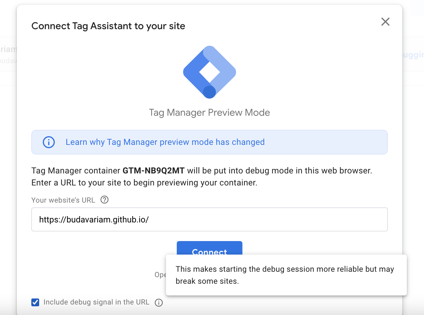 TagAssistant can send debug signal