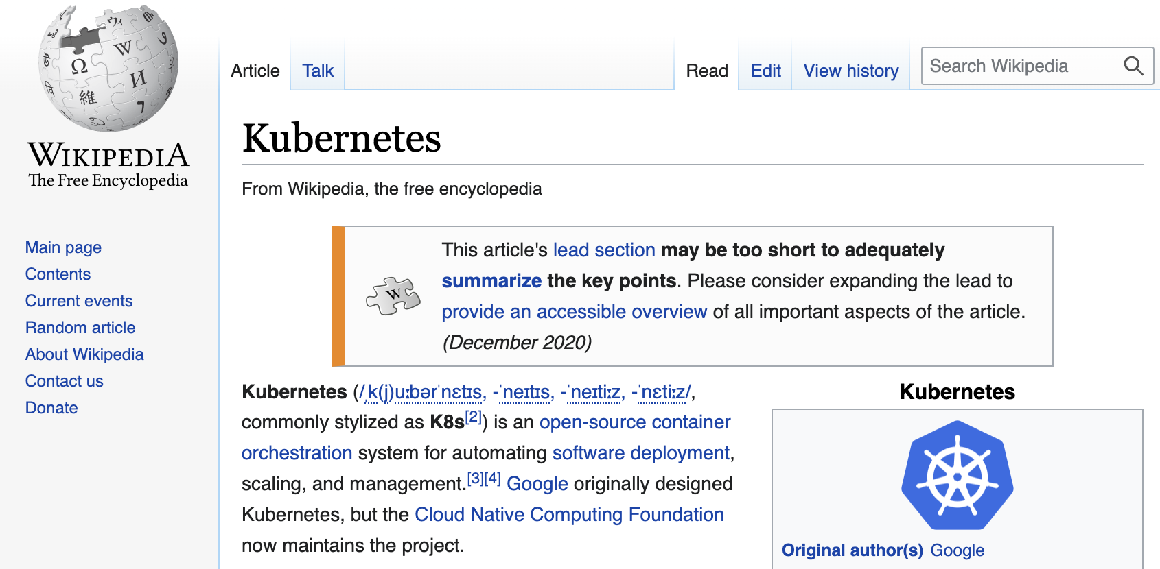Wikipedia page header of Kubernetes