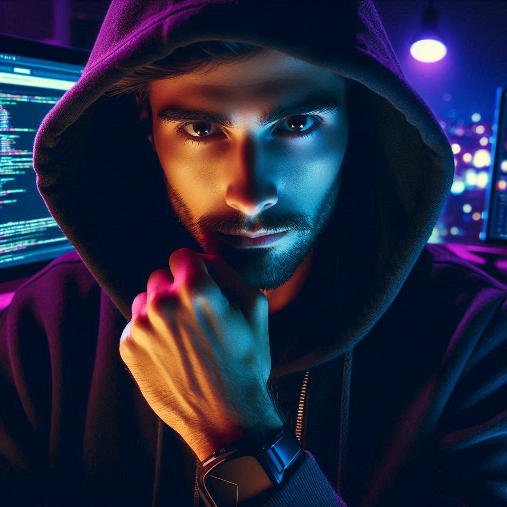 Hacker at night in a hoodie. Generated by DALL·E 3